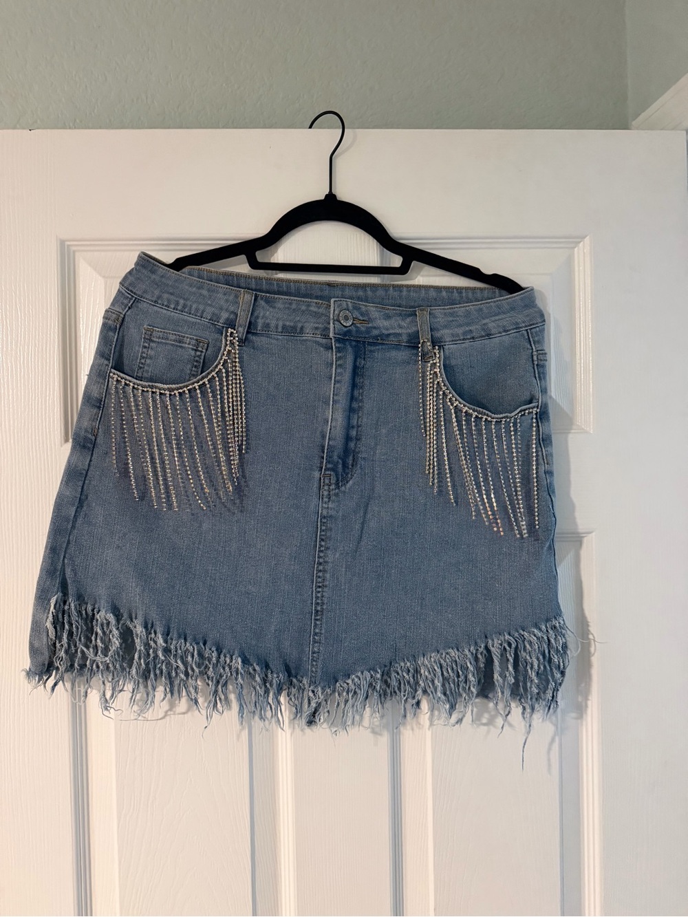 Denim Mini Skirt with Fringe and Rhinestone Pocket Trim - Blue
